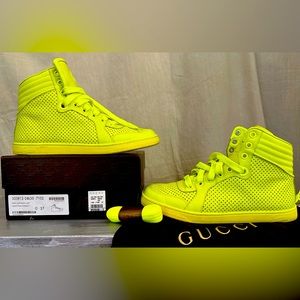Authentic Gucci Neon Green Lace Up High Top Sneakers, size 37, ITALY